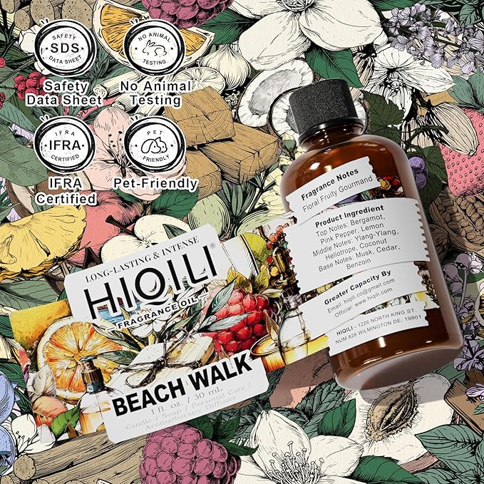 HIQILI Beach Walk Fragrance Oil for Diffuser & Humidifier, Candle & Soap Making, Luxury Hotel Scents, Perfect as a Gift - 1 Fl Oz