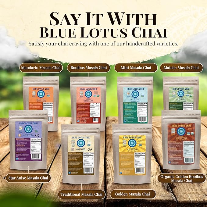 Blue Lotus Chai – Traditional Masala Chai - Makes 265 Cups – Just Add Hot Water, No Steeping, No Gluten - 8 Ounce Masala Spiced Chai Powder with Organic Spices – Authentic Indian Tea
