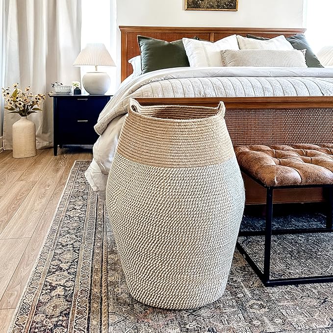 Goodpick Laundry Hamper | Woven Cotton Rope Dirty Clothes Hamper Tall kids Curve Laundry Basket Large, 25.6 x 17.71 Inch