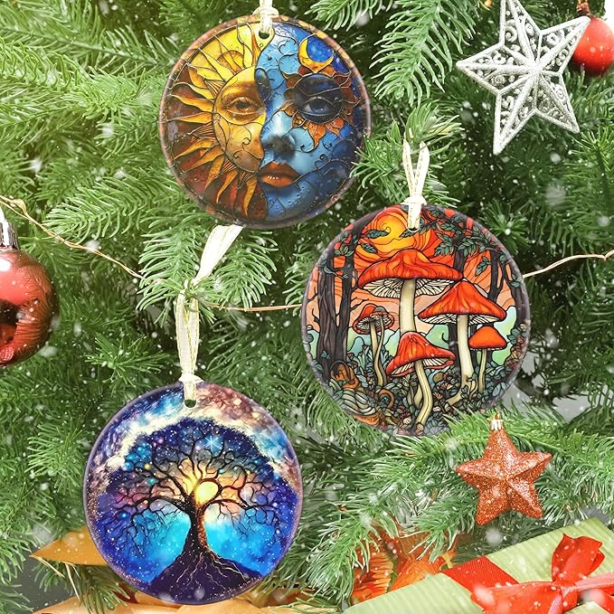 Ceramic Mushroom Christmas Ornament, 3.5 Inch Hanging Decor for Tree, Gift Exchange Present