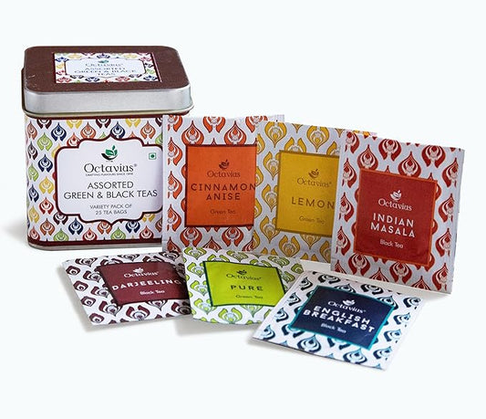 Octavius Tea Variety Pack – 25 Teabags | 6 Assorted Black & Green Teas | Premium Tea Sampler Box | Refreshing & Aromatic | Pack of 1