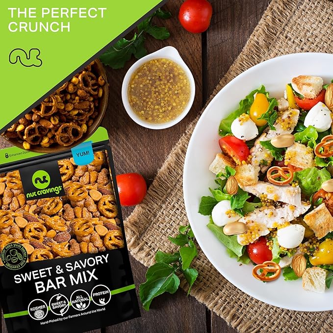 NUT CRAVINGS - Party Bar Nut Mix, Sweet & Savory Pub Snack - Smoked Almonds, Pretzels, Toffee Peanuts, Spicy, Honey Roasted Peanut (48oz - 3 LB) Packed Fresh in Resealable Bag - Food Assortments