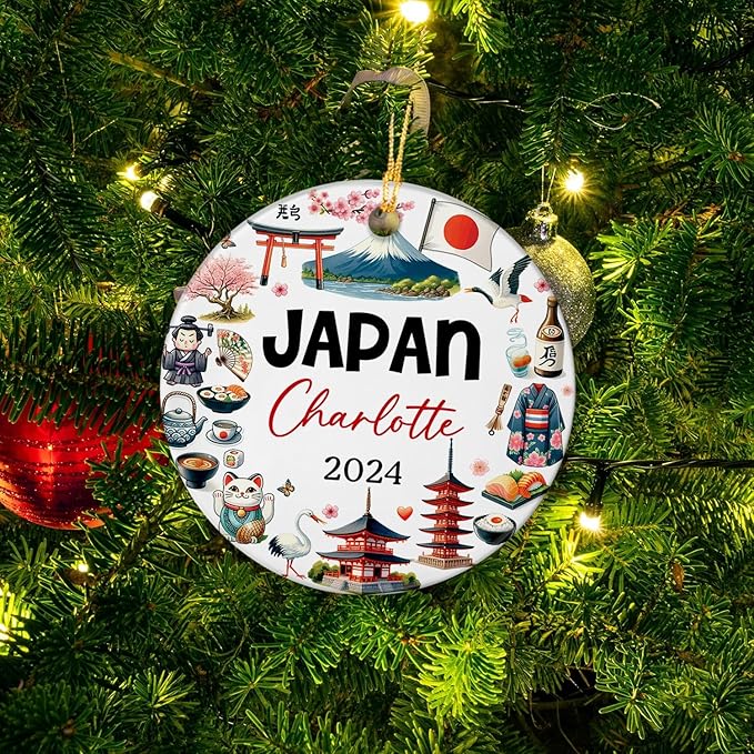 Japan Culturally Artistic Ceramic Ornament Xmas 2025, Personalized Japan Landmark Christmas Ornament, Japan Travel Souvenir Xmas Tree Ceramic Ornament, Custom Name Tokyo City Christmas Keepsake Decor