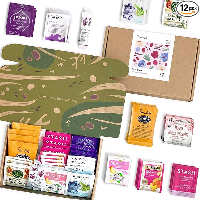 Skin Glow Wellness Tea Sampler - 40 Tea Bags, 10 Flavors - Hibiscus, Rosehip, Aloe Vera, Licorice Root - Vegan, Gluten-Free, Organic Herbal Tea Gift for Skincare Lovers
