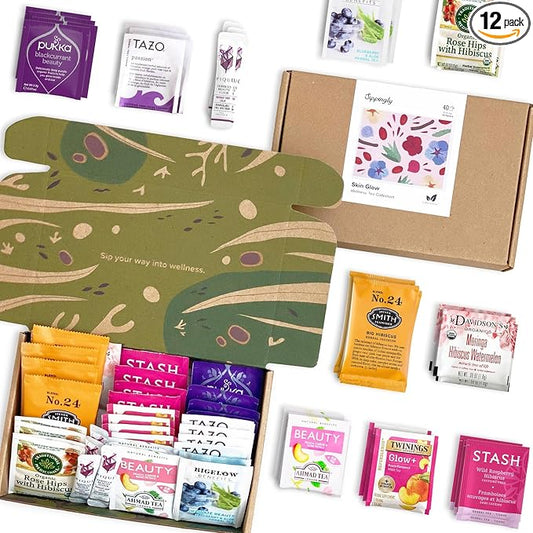 Skin Glow Wellness Tea Sampler - 40 Tea Bags, 10 Flavors - Hibiscus, Rosehip, Aloe Vera, Licorice Root - Vegan, Gluten-Free, Organic Herbal Tea Gift for Skincare Lovers