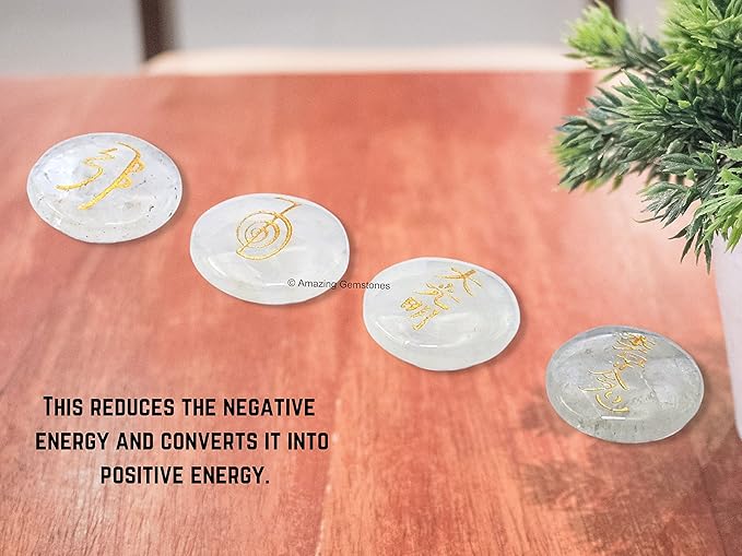 Amazing Gemstone Clear Quartz Crystal Reiki Stones with Engraved Symbols for Usui Reiki Healing, Set of 4 Pcs (Indian Handmade Reiki Gift Set)