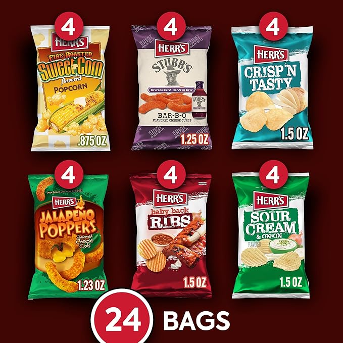 Herr's Variety Pack, Assorted Snacks, 0.625–1.5 Ounce (Pack of 24 Bags) – A Delicious Mix of Chips, Pretzels, and Cheese Snacks – Great for Family Snacking and Lunchboxes