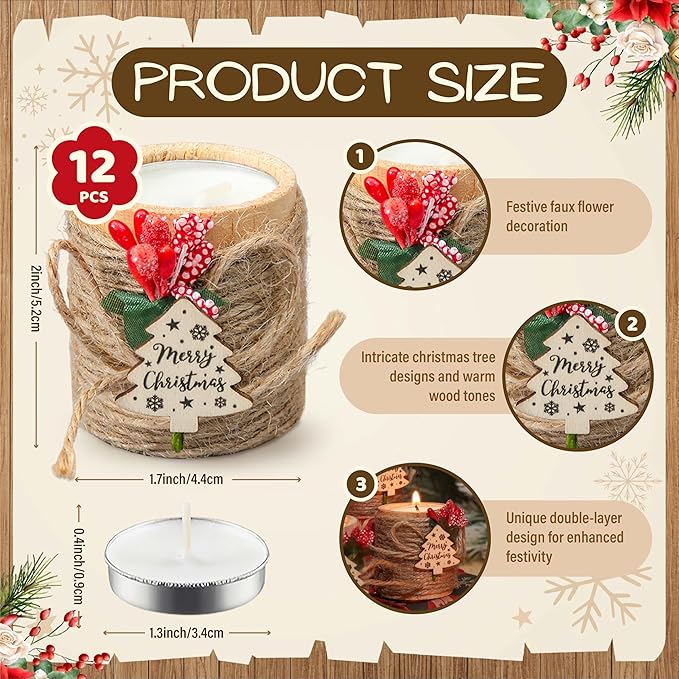 12 PCS Wooden Candle Holders with Candles, Christmas Party Favors with Jute Rope, Holiday Tealight Holders for Table Centerpieces, Home Decoration, Stocking Stuffers