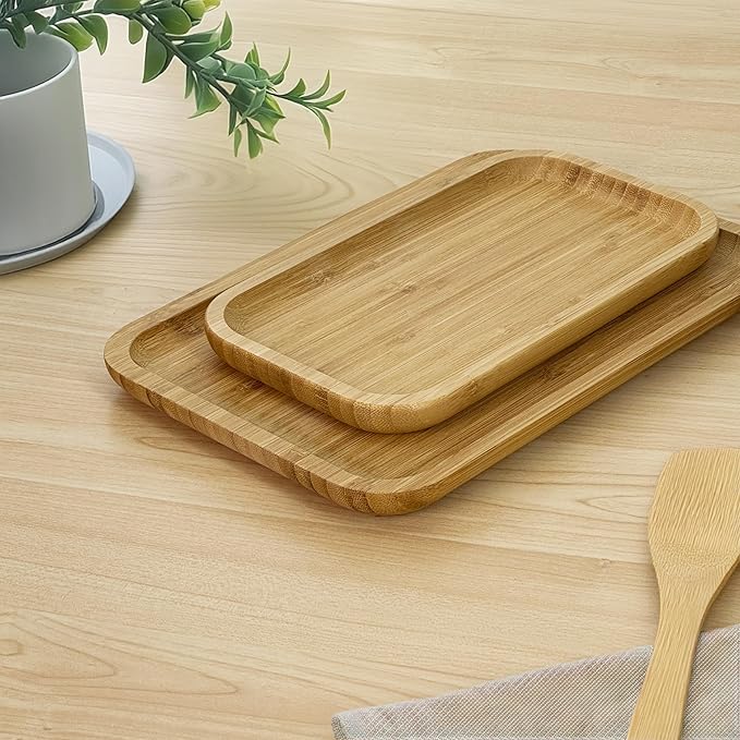 Bam&Boo Bamboo Serving Tray Natural Minimalist Rectangular (14.1” x 9.4" x 0.8") Coffee, Tea, Food, Drinks, Storage, Decor for Home, Kitchen, Bathroom