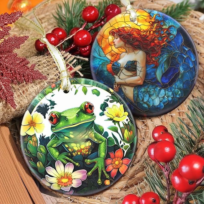 Ceramic Frog Hanging Ornament - Christmas Tree Decor - Gifts for Frog Lovers
