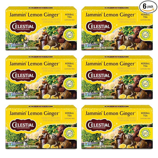 Celestial Seasonings Jammin' Lemon Ginger Herbal Tea, Caffeine Free, 20 Tea Bags Box (Pack of 6)