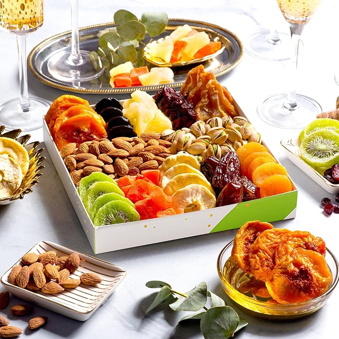 NUT CRAVINGS - Diwali Sweets Hamper Dried Fruit & Mixed Nuts Gift Basket in White Gold Box (12 Assortments) Food Arrangement, Healthy Snack Care Package, Food Assortments