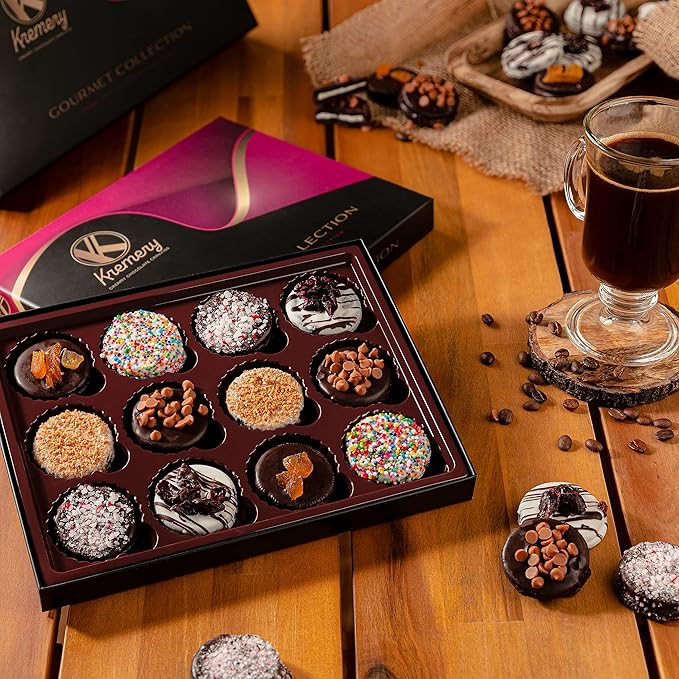 KREMERY Creamy Chocolate Cravings - Diwali Sweets Hamper Chocolate Covered Sandwich Cookies & Cream Gift Basket, in Elegant Gift Box (12 Cookies, Assorted Sweet Toppings)