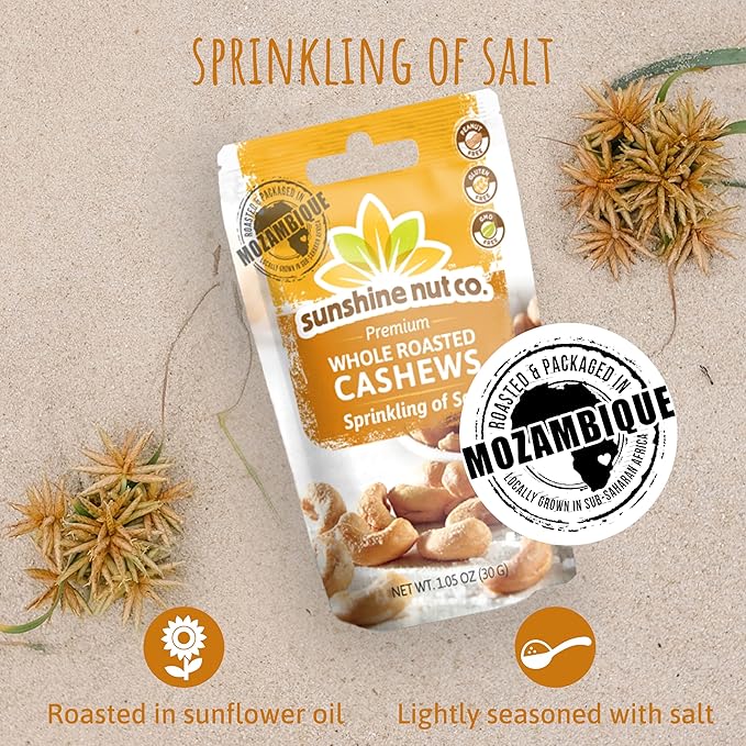 Sunshine Nut Company Whole Roasted Lightly Salted Cashews, Sprinkling of Salt Flavor, 12-Pack, 1.05 oz., Gluten Free, Peanut Free and Vegan Individual Snack Packs for Kids and Adults, GMO Free