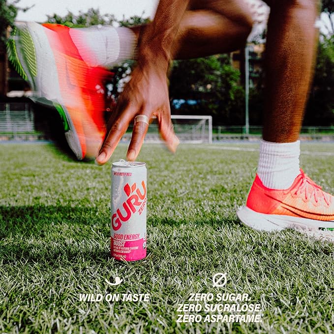 GURU ZERO SUGAR Wild Ruby Red Organic Energy Drinks, Clean Energy Drink with Plant Based Natural Caffeine from Green Tea, Coconut Water, Prebiotic, Zero Added sugars, Gluten Free and Vegan, Pre Workout, Healthy Drinks, 12oz (Pack of 24)