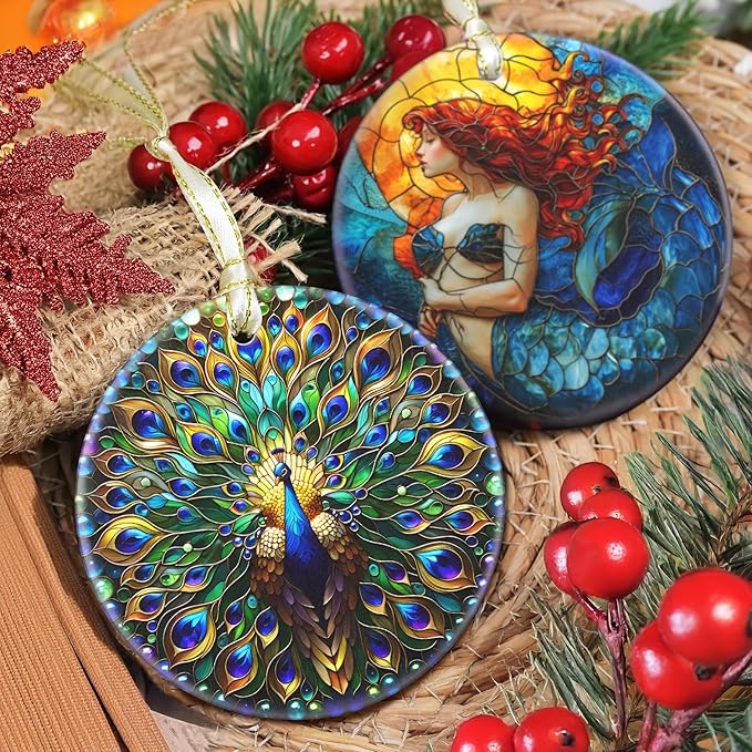 Ceramic Peacock Hanging Ornament - Christmas Tree Decor - Gifts for Peacock Lovers