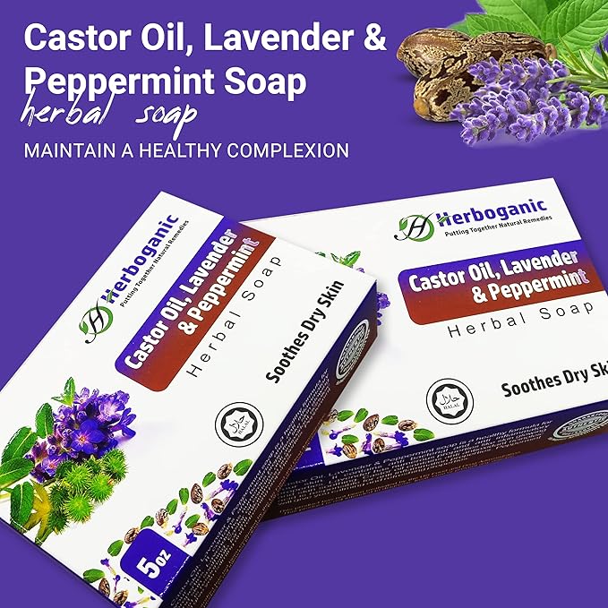 HERBOGANIC Castor oil lavender and peppermint Herbal Soap | Pack of 6 of 5oz soap Bar | Ideal for Men and Women, Soothing and Nourishing Soap for Moisturization