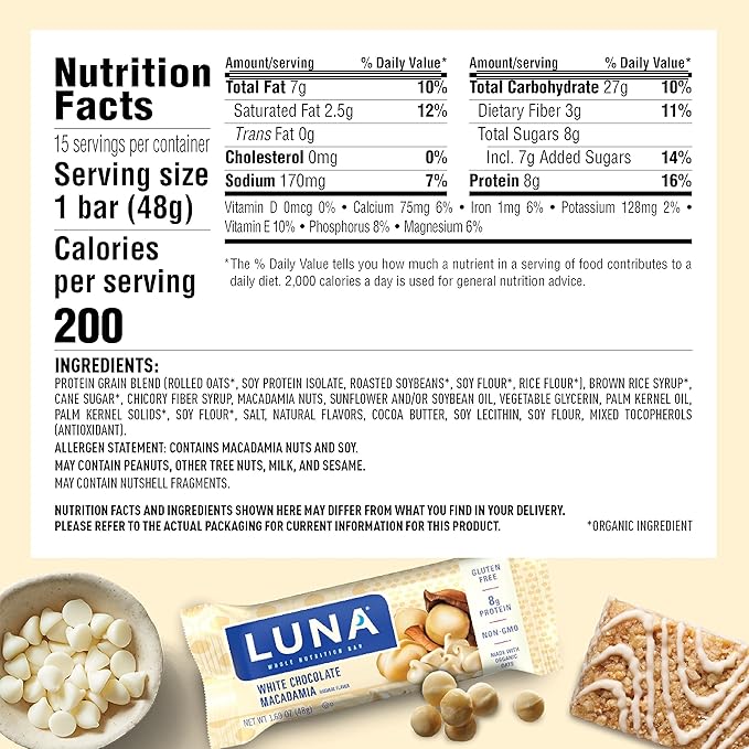 Clif, Bar Luna White Chocolate Macadamia 15 Count, 25.35 Ounce