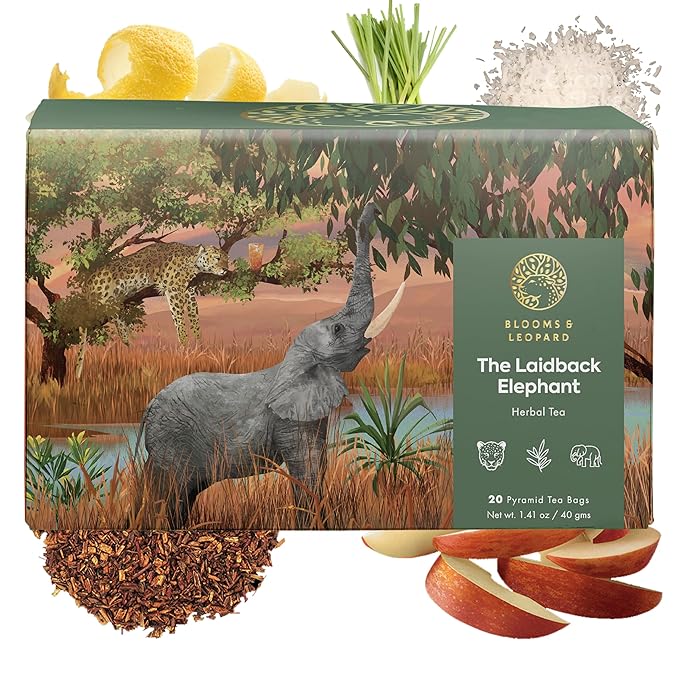 Blooms & Leopard Premium Herbal Tea Bags | The Laidback Elephant Blend | Rooibos, Apple, Lemongrass, Lemon Peel & Coconut Flakes | Caffeine-Free Herbal Infusion for Relaxation, Detox & Wellness | 20 Pyramid Tea Bags