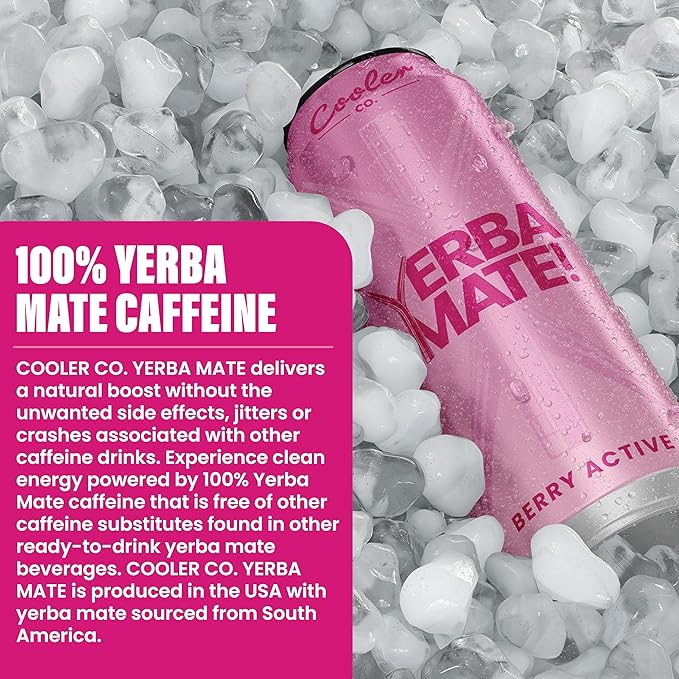 COOLER CO. | YERBA MATE | 12 Pack | 100% Organic Yerba Mate Caffeine | 150 mg Caffeine | 3 Organic Ingredients | Natural Ingredients | No Artificial Colors or Stimulants | Berry Active Flavor