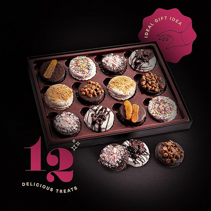 KREMERY Creamy Chocolate Cravings - Diwali Sweets Hamper Chocolate Covered Sandwich Cookies & Cream Gift Basket, in Elegant Gift Box (12 Cookies, Assorted Sweet Toppings)