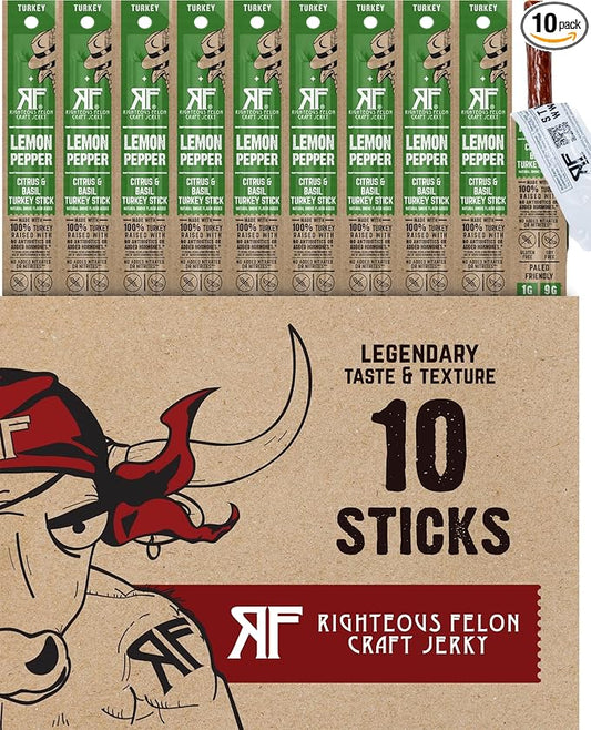 Righteous Felon Meat Sticks | 100% Turkey Sticks | Gluten Free & Keto Meat Sticks | Low Sugar & High Protein Turkey Sticks| Healthy Snack for Adults | Jerky Gifts for Men | Lemon Pepper, 10 Pack
