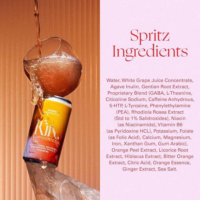 Kin Euphorics Kin Spritz Non-Alcoholic Functional Beverage | Invigorating Booster | Adaptogen & Nootropic Drink | Rhodiola Rosea, 5-HTP, GABA | Ready to Drink | 8 Fl Oz (12pk)