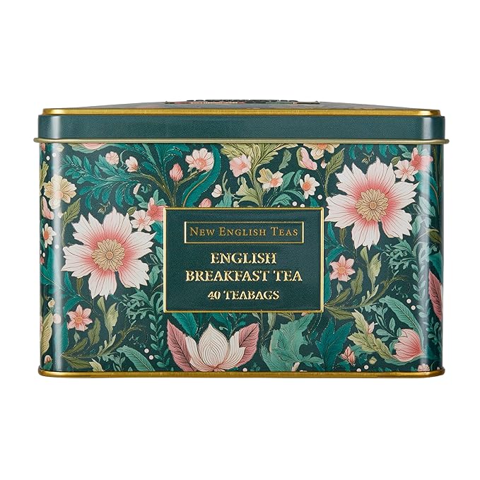New English Teas Victorian Garden Tea Tin with 40 English Breakfast Teabags, Inspired by Embroidery & Textile Styles