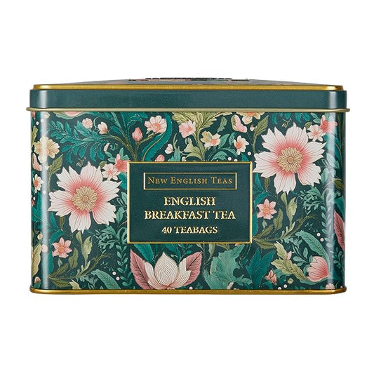 New English Teas Victorian Garden Tea Tin with 40 English Breakfast Teabags, Inspired by Embroidery & Textile Styles