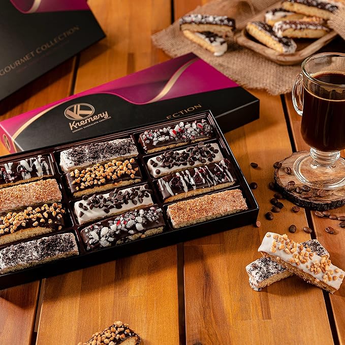 KREMERY Creamy Chocolate Cravings - Diwali Sweets Hamper Chocolate Covered Biscotti Cookies Gift Basket, in Elegant Gift Box (12 Biscotties, Assorted Sweet Toppings)
