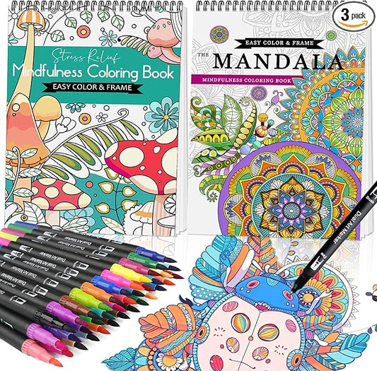 2Pcs Adult Coloring Books with 36 Colors Markers, Mandala Adult Coloring Book for Women Relaxation with 48 Patterns, Colors Markers Set, Anxiety Relief Mindfulness Gifts Original & Hand Drawn