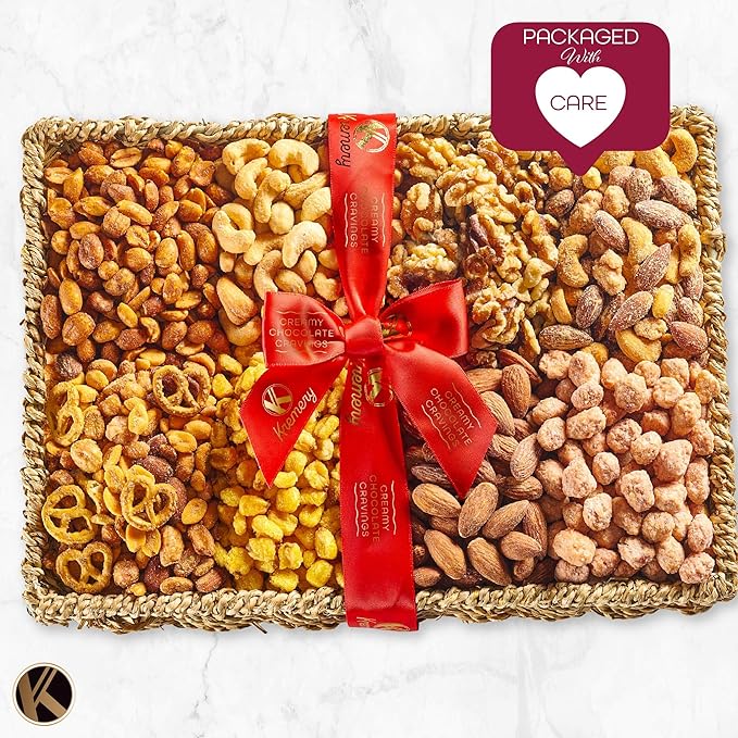 KREMERY Gourmet Nut Gift Basket - Diwali Sweets Hamper Mixed Nuts Gift Basket in Seagrass Tray with Ribbon (8 Assortments) Healthy Snack Care Package, Food Assortments