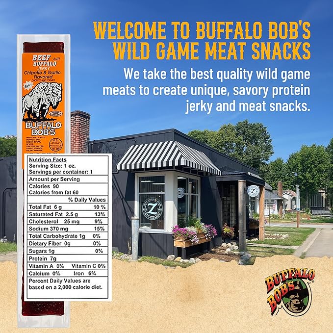 Buffalo Bob's Wild Game Meat Snack - Beef and Buffalo Chipotle & Garlic Jerky 10 Pack