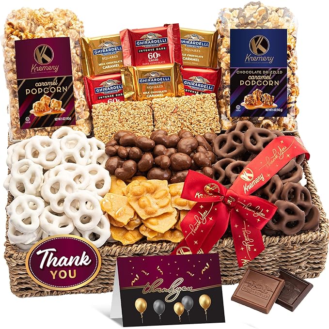 KREMERY Creamy Chocolate Cravings - Thank You Appreciation, Chocolate Covered Pretzels & Caramel Popcorn Gift Basket, in Seagrass Tray + Ribbon & Greeting Card (Deluxe, 3.5 lbs) Food Assortments