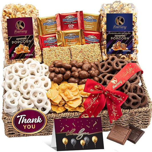 KREMERY Creamy Chocolate Cravings - Thank You Appreciation, Chocolate Covered Pretzels & Caramel Popcorn Gift Basket, in Seagrass Tray + Ribbon & Greeting Card (Deluxe, 3.5 lbs) Food Assortments
