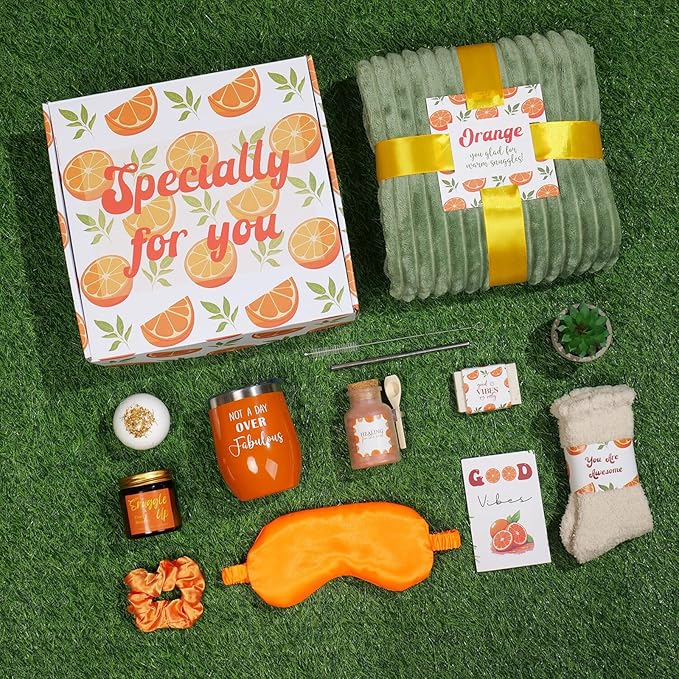 Care Package For Women, Self Care Gifts for Women, Get Well Soon, Orange Fall Themed Gifts for Woman, Relaxation Spa Gift Baskets for Woman, Thinking of You Birthday Gift, Feel Better Self Care Kit