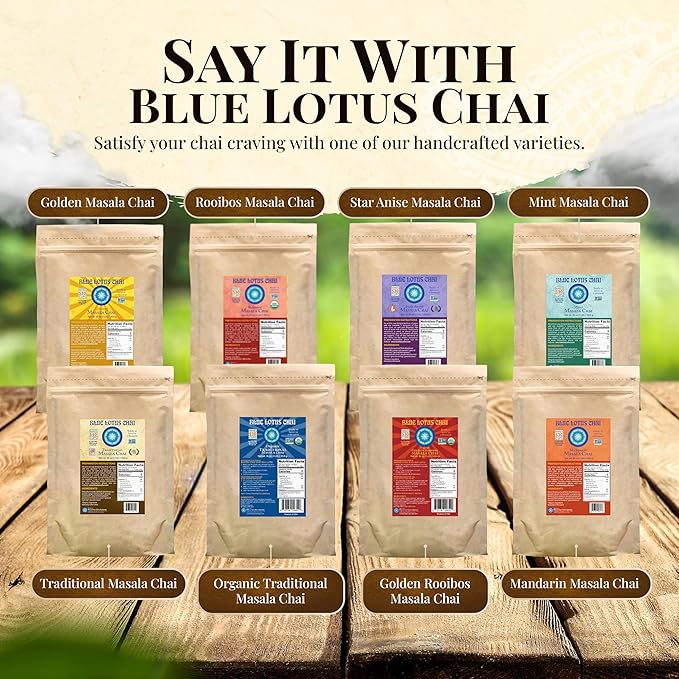 Blue Lotus Chai - Fully Organic Traditional Masala Chai - Makes 530 Cups - 1 Pound Bulk Bag Masala Spiced Chai Powder with Organic Spices - Instant Indian Tea No Steeping - No Gluten