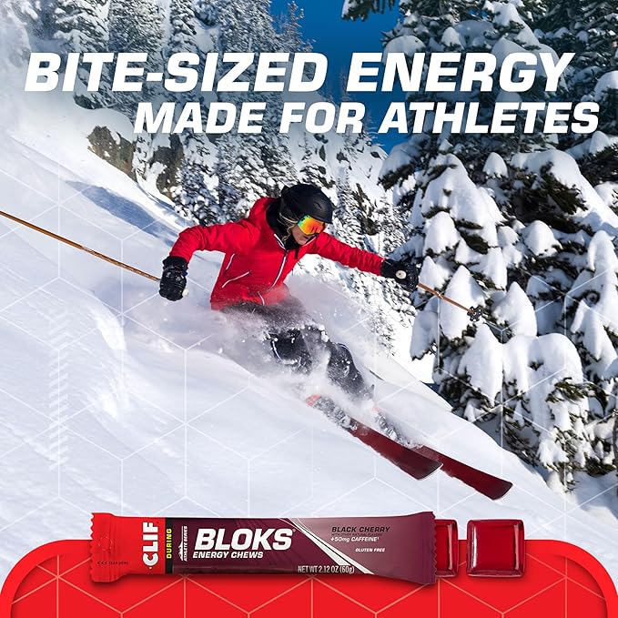 CLIF BLOKS - Black Cherry Flavor with Caffeine - Energy Chews - Non-GMO - Plant Based - Fast Fuel for Cycling and Running - Quick Carbohydrates and Electrolytes - 2.12 oz. (18 Count)