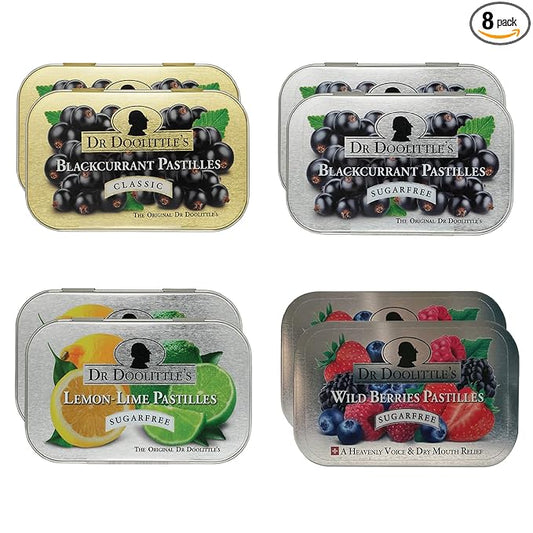 DOOLITTLE Dr Soft Fruit Pastilles Classic and Sugar Free Variety Pack for Voice and Throat, Blackcurrant, Lemon Lime, and Wild Berries, 2.12 Ounce Tin, Approximately 25 Count Package, 8 Pack