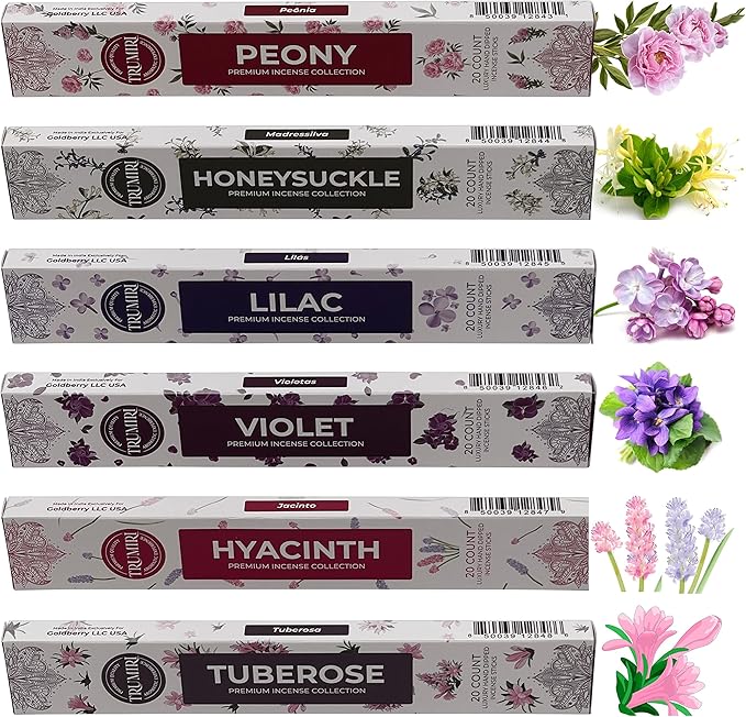 Blossom Incense Sticks Variety Pack - 120 Insence-Sticks (6 Incents x 20 Insense) - Peony Honeysuckle Lilac Violet Hyacinth Tuberose - Natural Inscents-Sticks Non Toxic Incienso + Stick Incense Holder