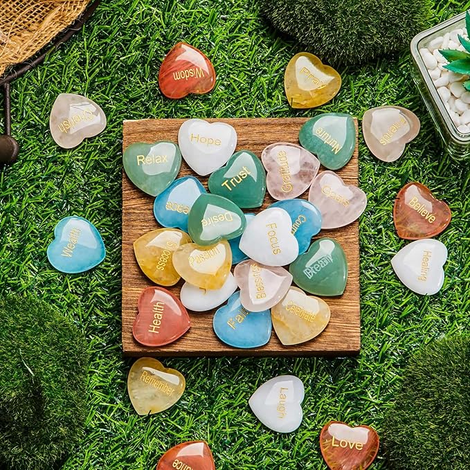 Fabbay 30 Pcs Heart Inspirational Stones, Good Gifts for Encouragement Heart Stones with 30 Different Words, Engraved Worry Rocks Bulk As Meditation Decorations, Party Gifts for Friends (1.2 Inch)