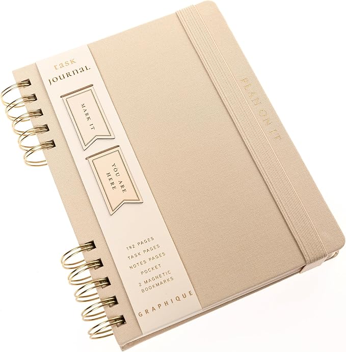 Daily Task Journal by Graphique Luxe Collection, Fabric-Wrapped Hardcover Spiral Notebook for Planning & Writing, Priority List Planner with Magnetic Bookmarks & Gold Foil Embossing,192 Pages, 6” x 8”, Taupe
