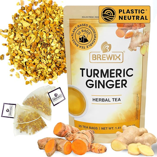 BREWIX, Turmeric Ginger Herbal Tea Bags (20 Pyramid Tea Bags) Real Ingredients From India, Naturally Caffeine Free | Pure Herbal Blend | Packed in Resealable Ziplock Pouch