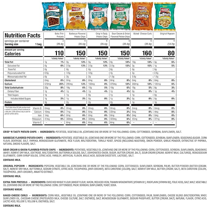 Herr’s Snacks Variety Pack, Potato Chips, Pretzels, Popcorn, Cheese Curls, 26oz Box (28 Bags)