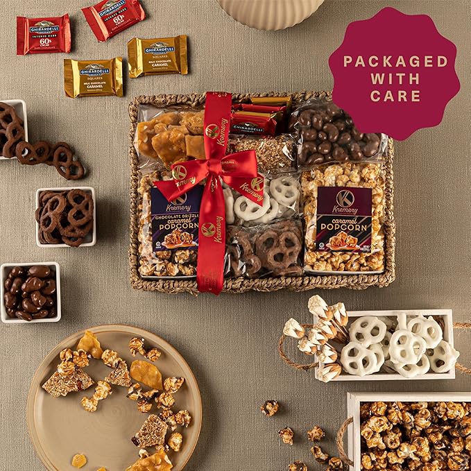 KREMERY Creamy Chocolate Cravings - Diwali Sweets Hamper Chocolate Covered Pretzels & Caramel Popcorn Gift Basket, in Seagrass Tray + Ribbon (Premium, 2.5 lbs) Food Arrangement
