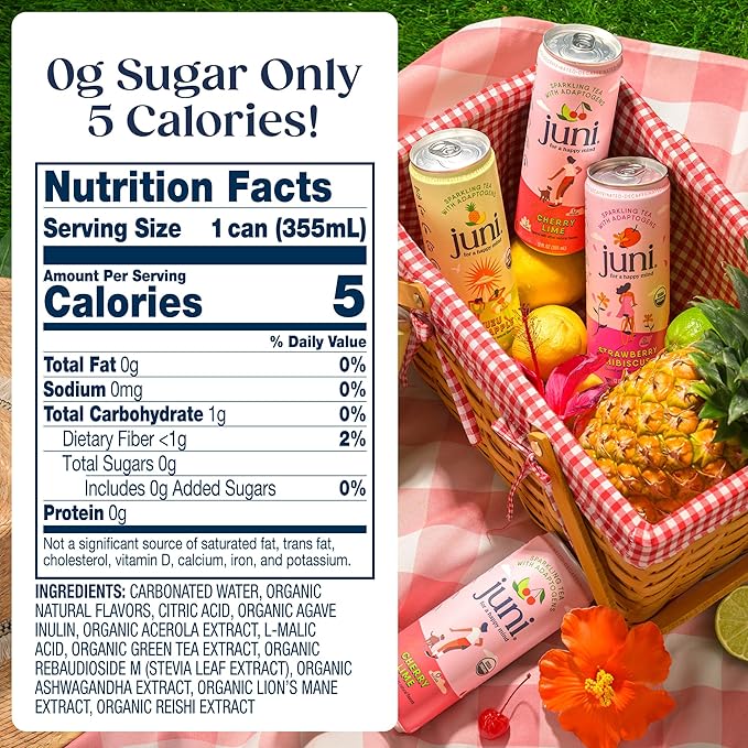 Juni Sparkling Adaptogen Drink with Ashwagandha, Lion’s Mane & Reishi Mushrooms | Green Tea for Focus, Zero Sugar, 5 Calories | Decaffeinated, Non Alcoholic Drinks - Yuzu Pineapple 12 pack