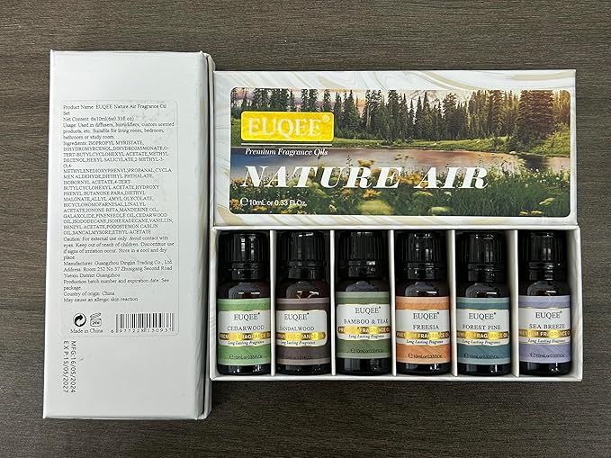 EUQEE Nature Air Premium Grade Scented Oils Gift Set - Sea Breeze, Forest Pine, Bamboo & Teak, Cedarwood, Sandalwood, Freesia (10ml)