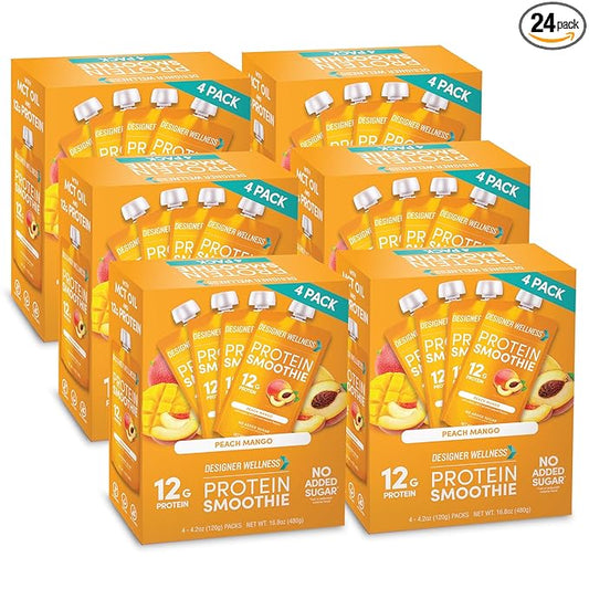 Designer Wellness Protein Smoothie, Real Fruit, 12g Protein, Low Carb, Zero Added Sugar, Gluten-Free, Non-GMO, No Artificial Colors or Flavors, Peach Mango, 24 Count