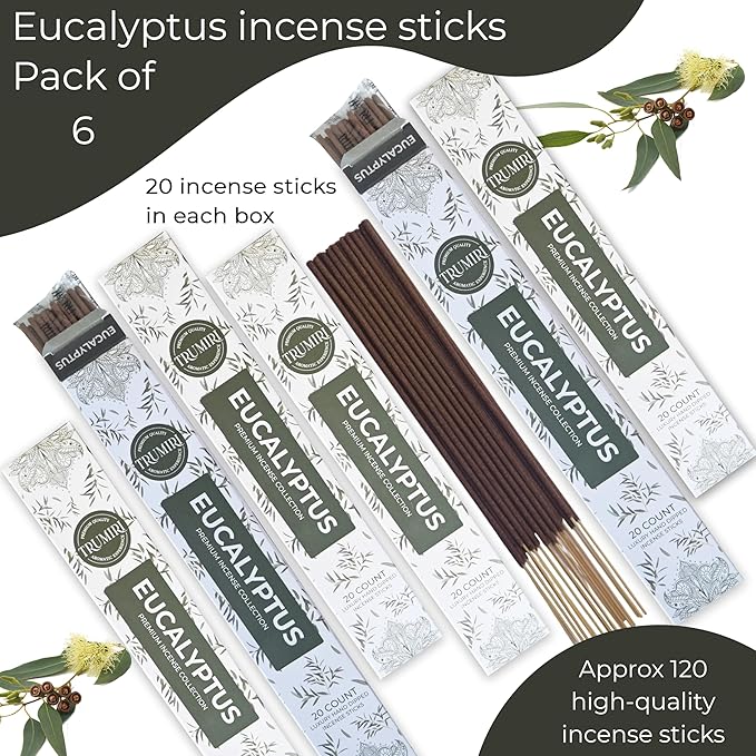 Eucalyptus Incense Sticks - Total 120 Insence-Sticks - 6 Packs of 20 Insense - Inciensos - Inscents - Natural Non Toxic Ingredients - Incents - Incence - Inscense - Insents