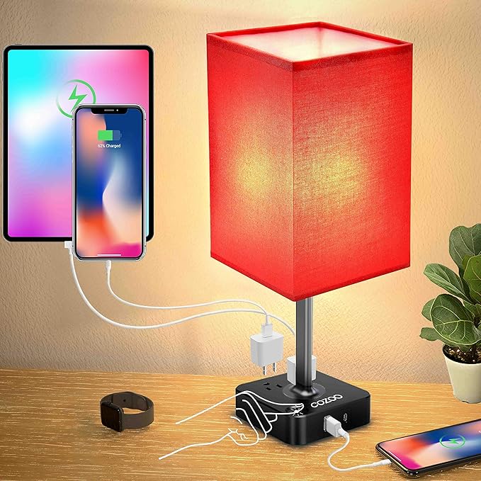 cozoo USB Bedside Table Desk Lamp with 2 USB Charging Ports and 2 Outlets Power Strip,Dimmable Table Lamp with Red Fabric Shade, LED Light for Bedroom/Nightstand